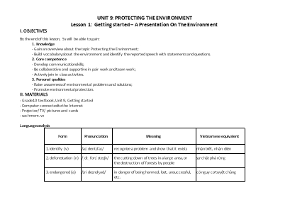 Giáo án Tiếng Anh Lớp 10 (Global review) - Unit 9 Protecting the environment - Năm học 2022-2023